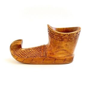 Vintage Hand-Carved Wooden Opanci Boot Figurine Rustic Folk Art Home Decor